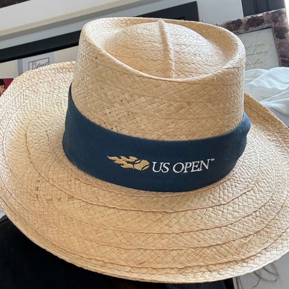 US Open Tennis Straw Sun Hat with Navy Band vintage